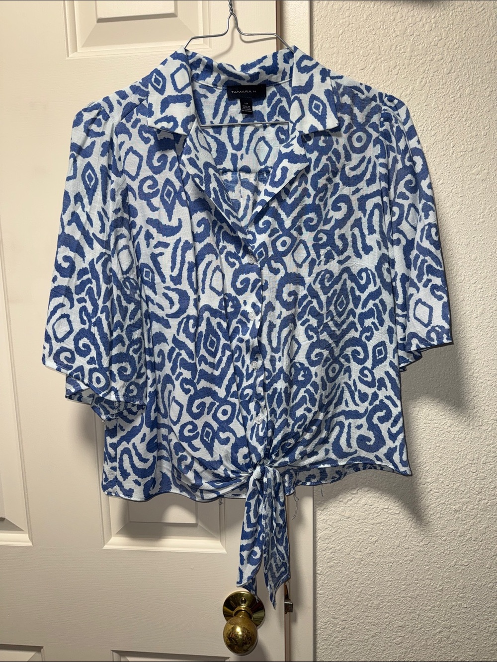 Tamara H. Casual Tie-Front Printed Button-Up Top - Blue/White